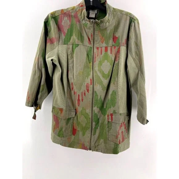 Chico's Jacket Zenergy Olive Green Zip Up Lightweight Medium Size 1 Splatter - Picture 4 of 11